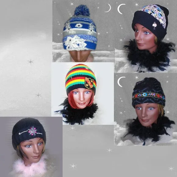 Black Beanie with Star & Rhinestone-Embellished OOAK Acrylic Knit Cap Hat - Picture 8 of 8